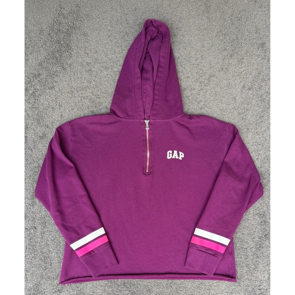 Gap Womens Purple Quarter Zip Hoodie Logo Striped Cuffs Cropped Sweatshirt S